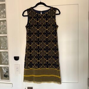 Vivienne Tam Sleeveless Navy and Mustard Patterned Shift Dress